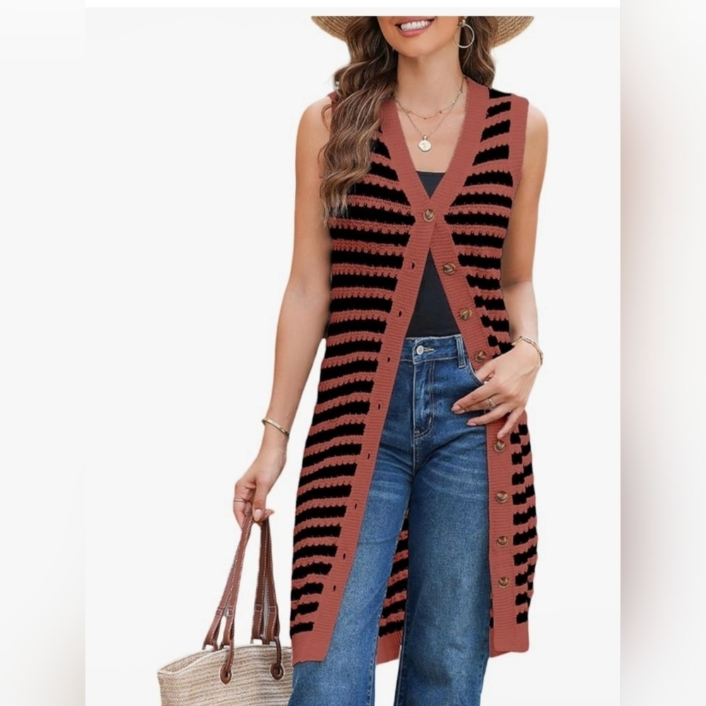 V Neck Striped Fall Sweater Vest/Dress/Cardigan #1082 NWOT